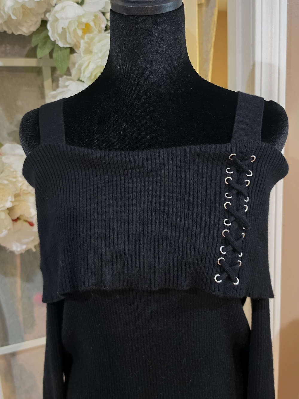 Black Off-Shoulder Lace-Up Ribbed Women's Sweater - Picture 3 of 7